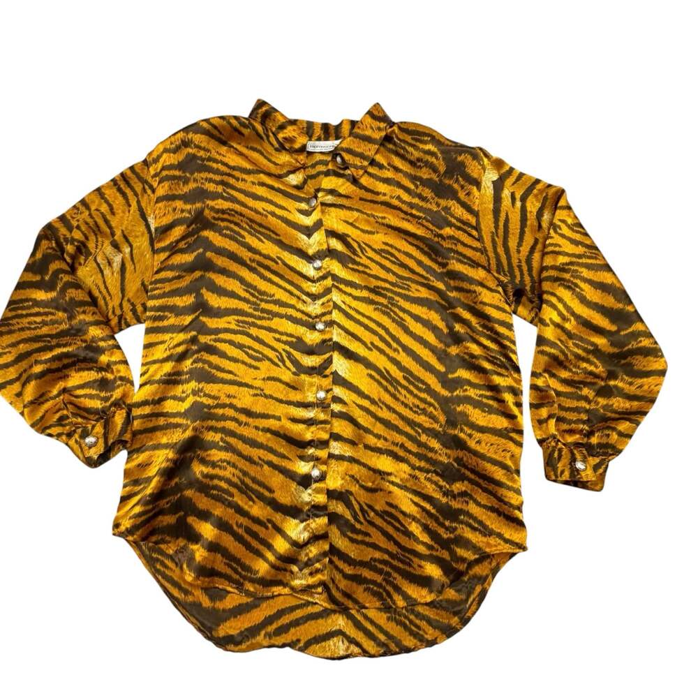 Impressions of California Vintage Tiger Print Button-Up Long Sleeve Blouse
